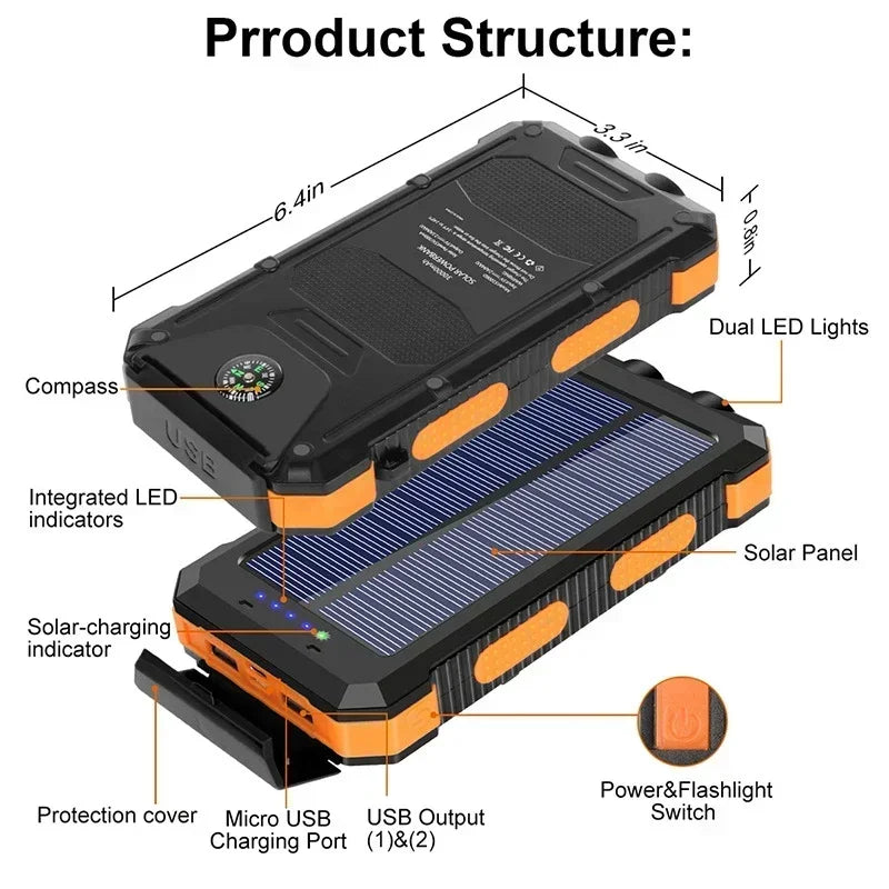 Portable Solar Power Bank 20000mAh External Battery Charging Power Bank External Battery Charger LED Light for All Smartphones  Orange 200